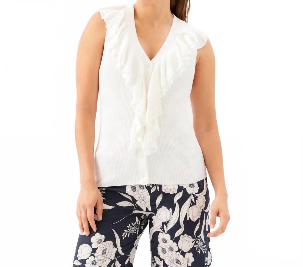 NEW KAREN KANE sleeveless ruffle v-neck sweater in off white